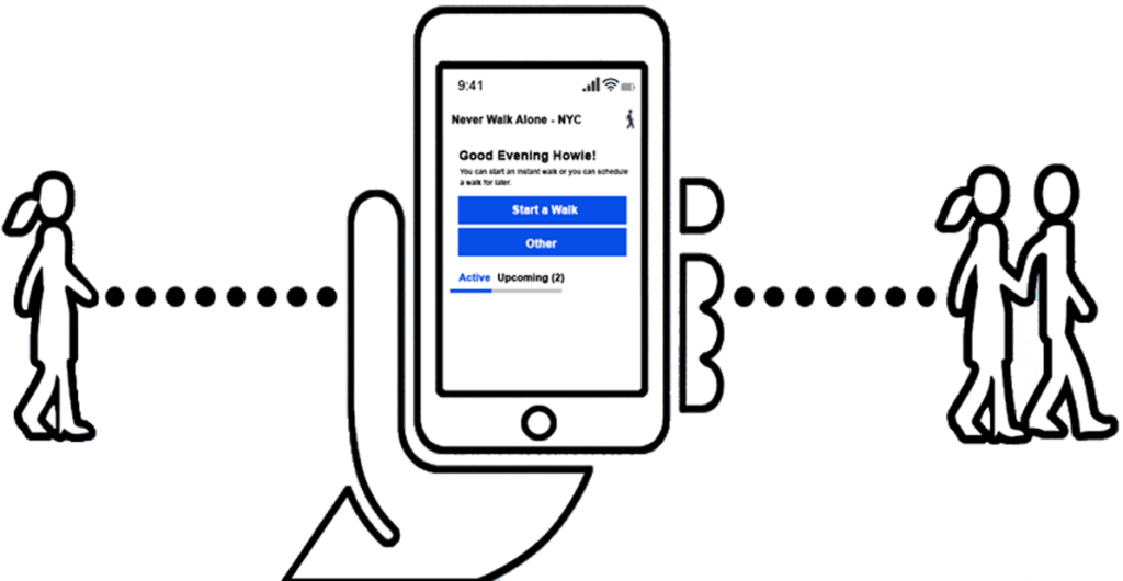 Never Walk Alone Safety App phone and figures